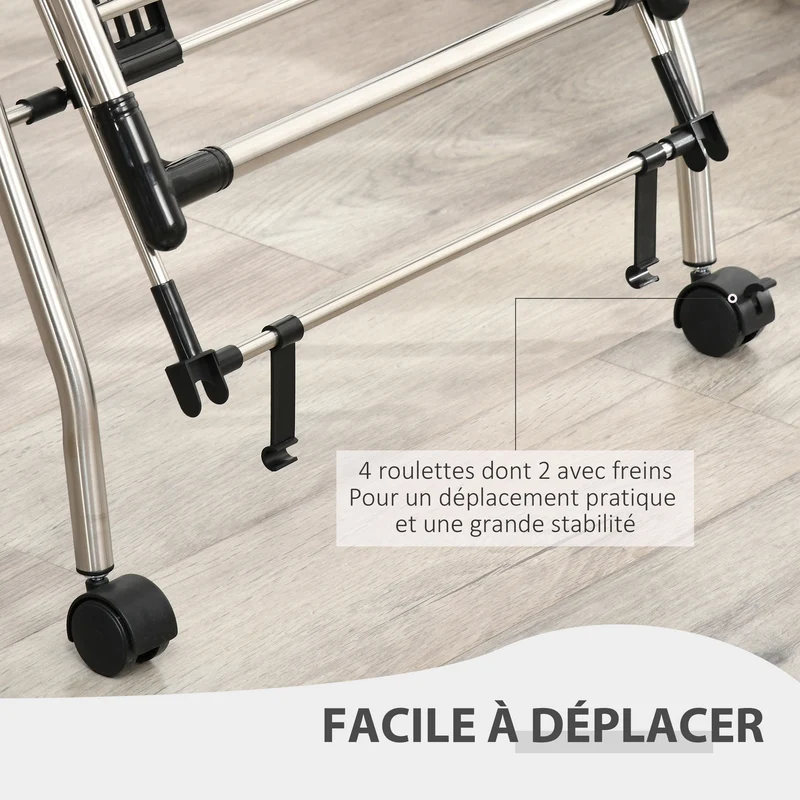 Séchoir à linge pliable sur roulettes espace 138,5 x 63 x 208 cm compact et réglable épuré en acier inoxydable argent 21_0005781