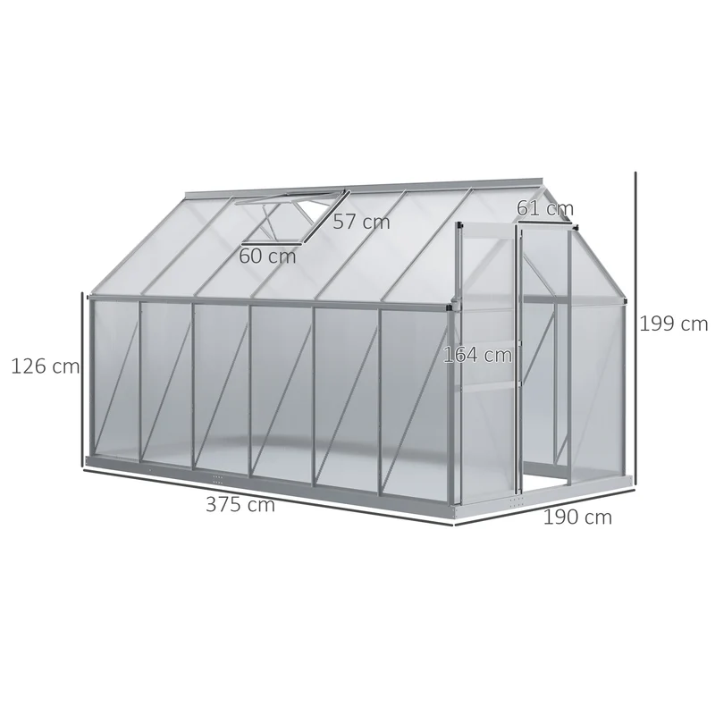 Serre de jardin avec fondation 190 x 375 x 199 cm paroi isolée aération réglable contemporain épuré en aluminium argent 21_0004223