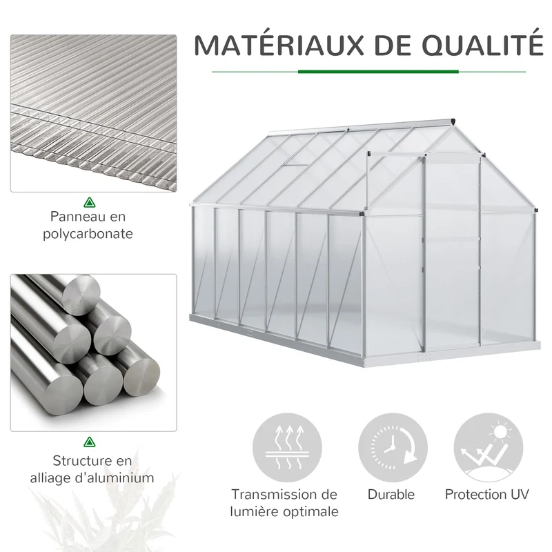 Serre de jardin avec fondation 190 x 375 x 199 cm paroi isolée aération réglable contemporain épuré en aluminium argent 21_0004223