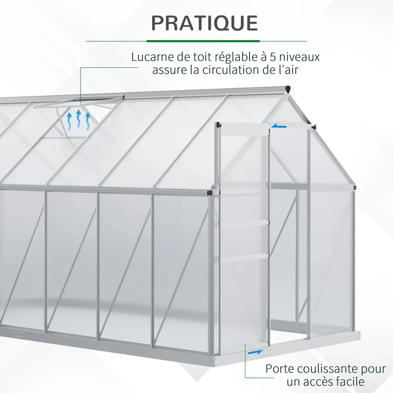 Serre de jardin avec fondation 190 x 375 x 199 cm paroi isolée aération réglable contemporain épuré en aluminium argent 21_0004223
