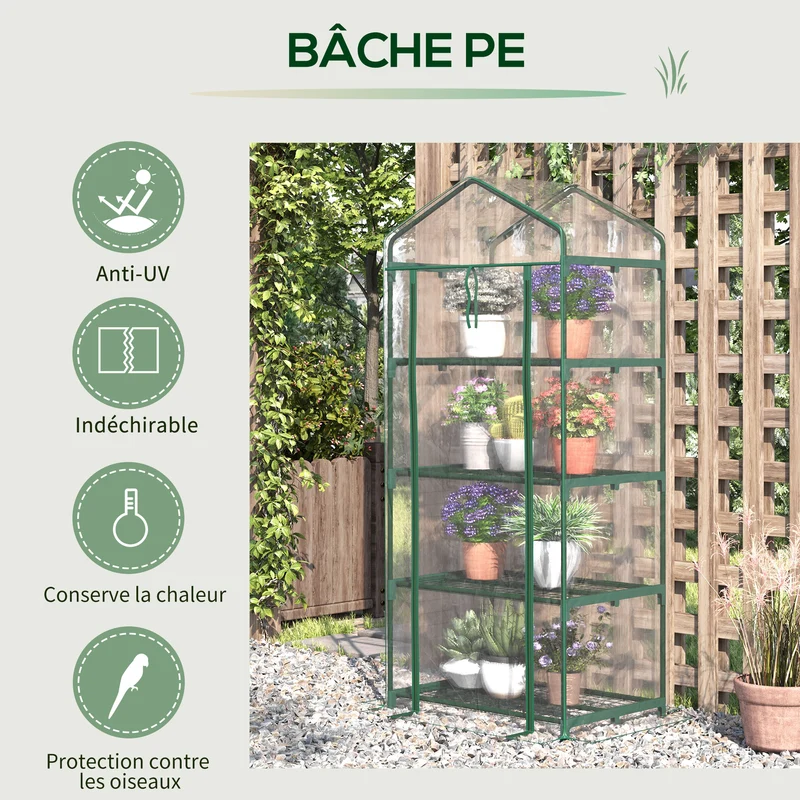 Serre de jardin 4 étagères 70 x 50 x 160 cm protection intempéries robuste gain de place contemporain en PVC transparent 21_0004097