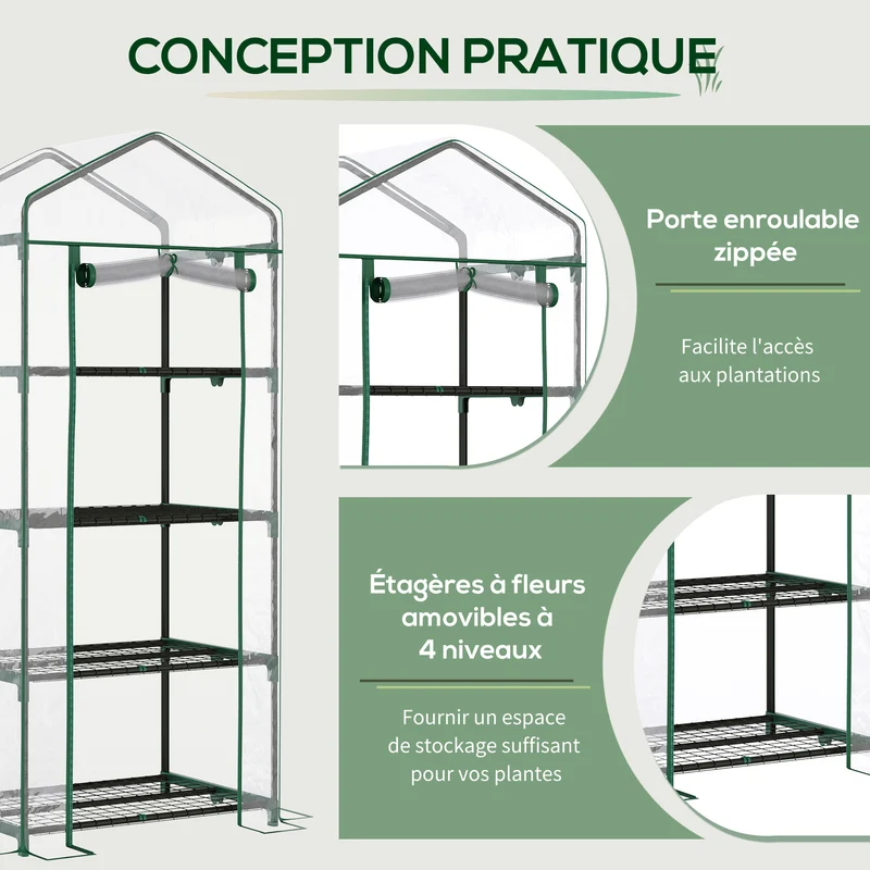 Serre de jardin 4 étagères 70 x 50 x 160 cm protection intempéries robuste gain de place contemporain en PVC transparent 21_0004097