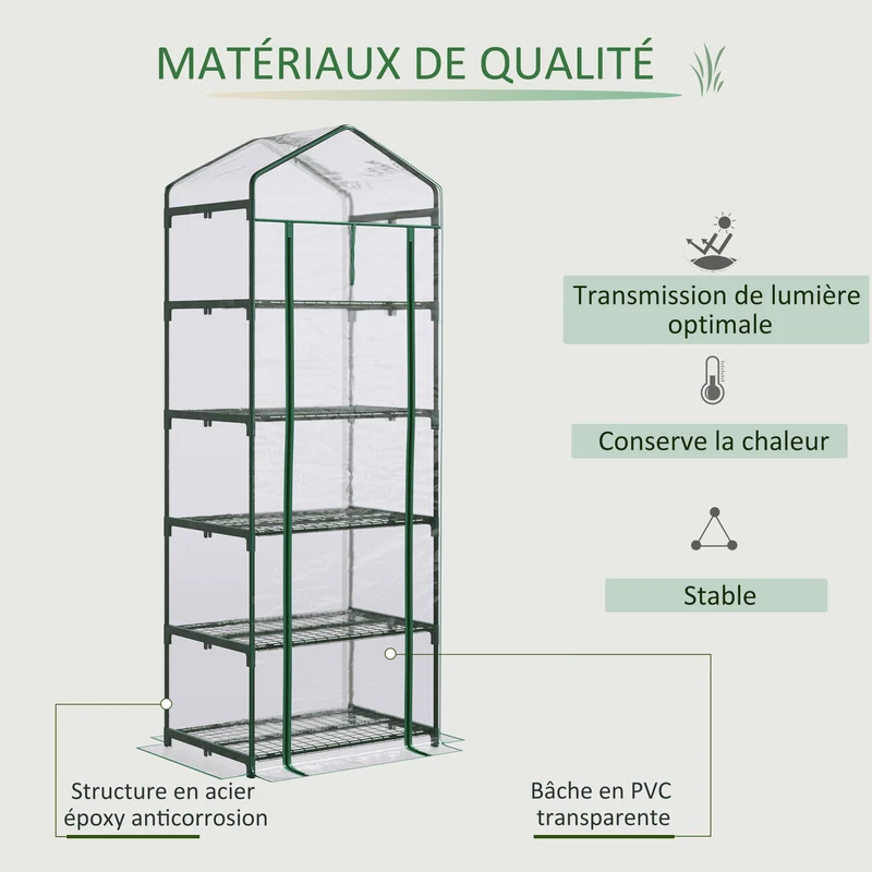 Serre de balcon 69 x 49 x 193 cm 5 étagères porte zippée pour légumes fleurs style moderne épuré en PVC transparent 21_0004165