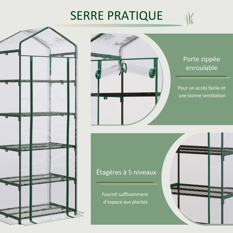 Serre de balcon 69 x 49 x 193 cm 5 étagères porte zippée pour légumes fleurs style moderne épuré en PVC transparent 21_0004165