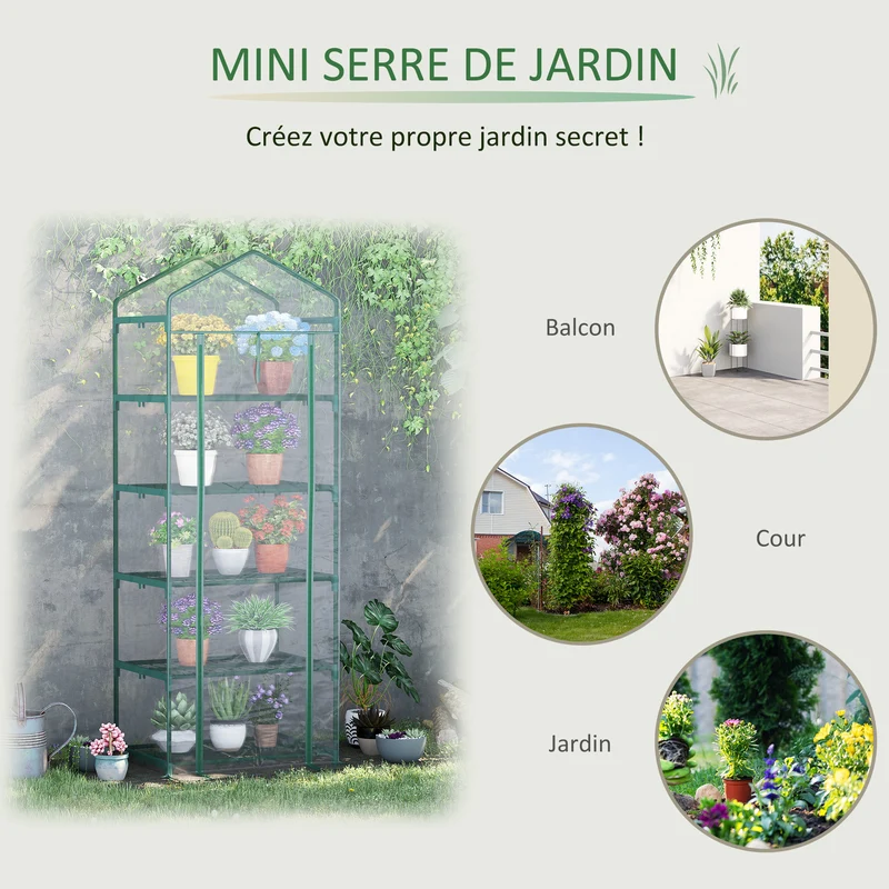 Serre de balcon 69 x 49 x 193 cm 5 étagères porte zippée pour légumes fleurs style moderne épuré en PVC transparent 21_0004165