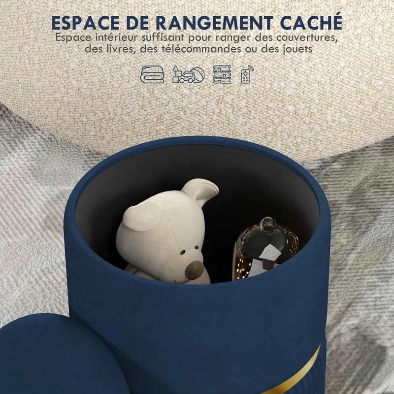 Pouf coffre rond assise d'appoint rangement 36 x 36 x 44 cm pratique design confortable côtelé en velours bleu foncé 21_0002930