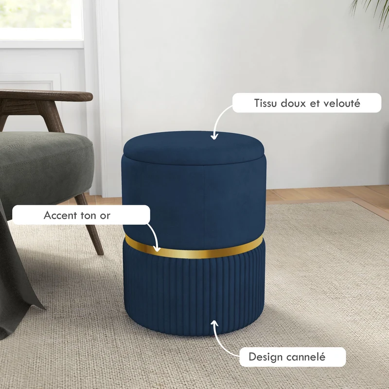 Pouf coffre rond assise d'appoint rangement 36 x 36 x 44 cm pratique design confortable côtelé en velours bleu foncé 21_0002930