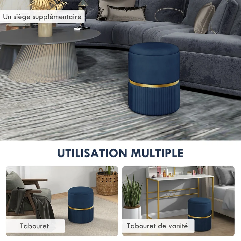 Pouf coffre rond assise d'appoint rangement 36 x 36 x 44 cm pratique design confortable côtelé en velours bleu foncé 21_0002930