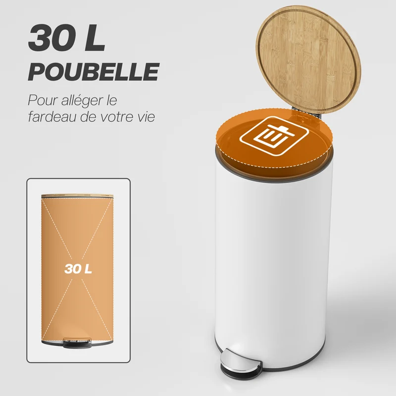 Poubelle de cuisine à pédale 36 x 30 x 60,5 cm seau intérieur amovible fermeture douce moderne design en métal blanc 21_0005938