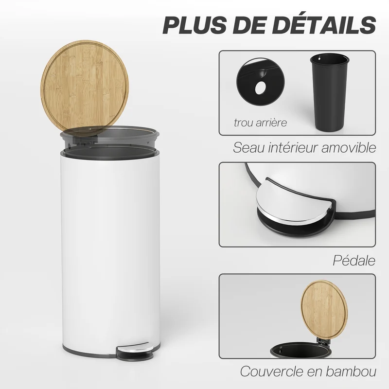 Poubelle de cuisine à pédale 36 x 30 x 60,5 cm seau intérieur amovible fermeture douce moderne design en métal blanc 21_0005938