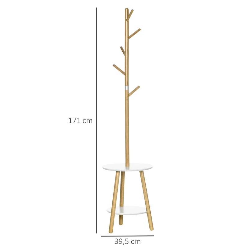 Porte-manteaux sur pied 2 en 1 39,5 x 39,5 x 171 cm 5 crochets et étagères gain de place contemporain en bambou naturel 21_0002649