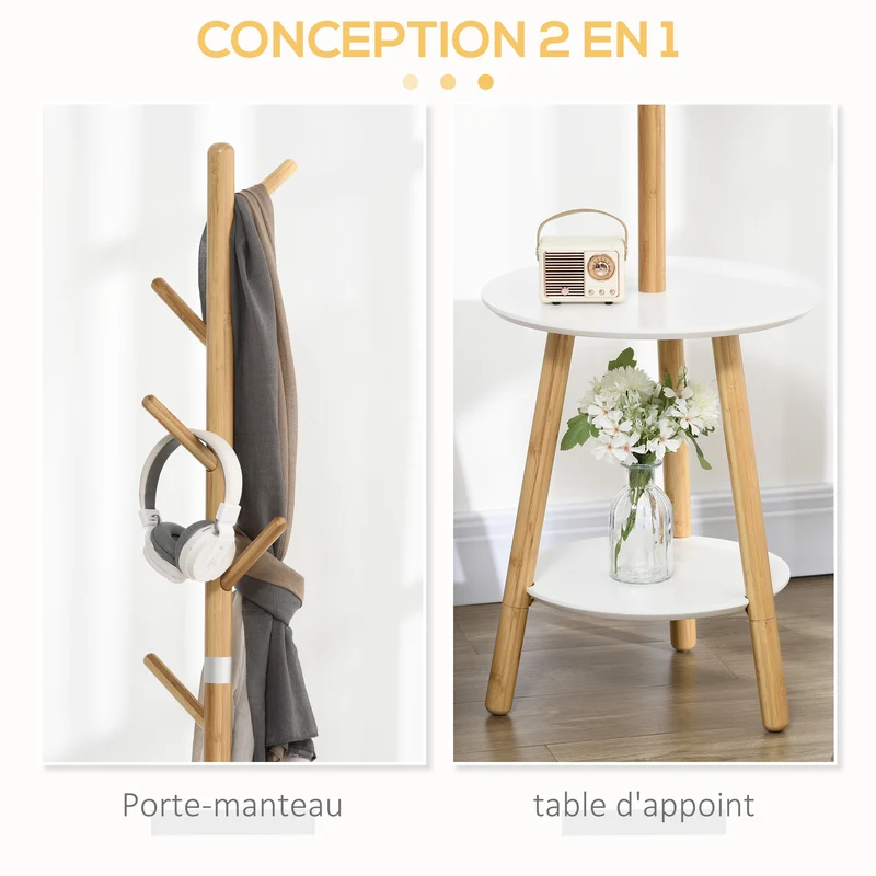 Porte-manteaux sur pied 2 en 1 39,5 x 39,5 x 171 cm 5 crochets et étagères gain de place contemporain en bambou naturel 21_0002649