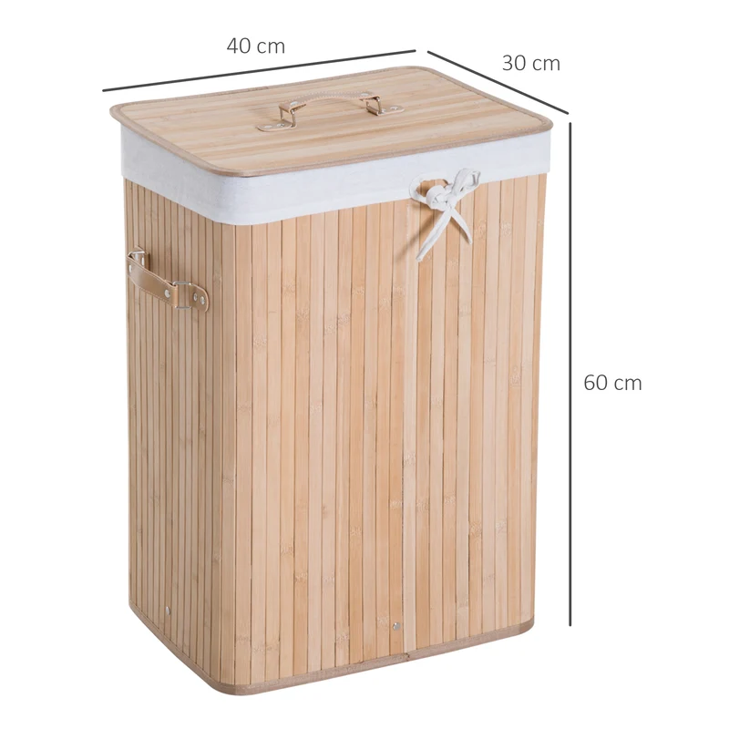 Panier à linge pliable buanderie 40 x 30 x 60 cm sac amovible intérieur lavable 2 poignées style cosy en bambou beige 21_0005777