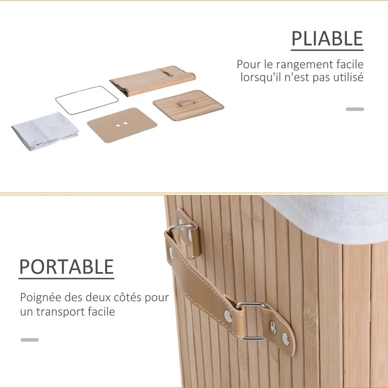 Panier à linge pliable buanderie 40 x 30 x 60 cm sac amovible intérieur lavable 2 poignées style cosy en bambou beige 21_0005777