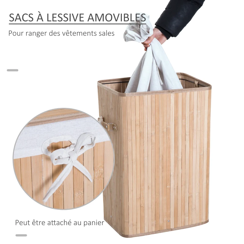 Panier à linge pliable buanderie 40 x 30 x 60 cm sac amovible intérieur lavable 2 poignées style cosy en bambou beige 21_0005777