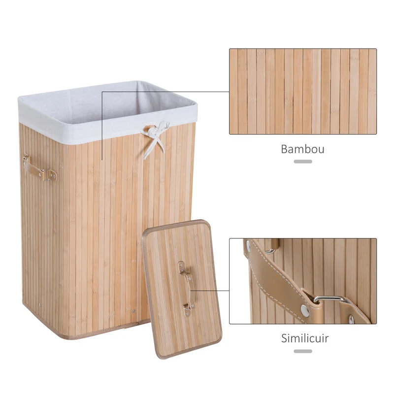 Panier à linge pliable buanderie 40 x 30 x 60 cm sac amovible intérieur lavable 2 poignées style cosy en bambou beige 21_0005777