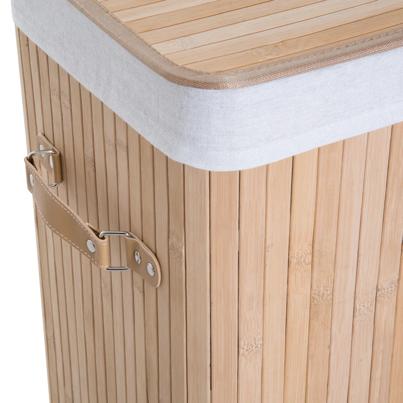 Panier à linge pliable buanderie 40 x 30 x 60 cm sac amovible intérieur lavable 2 poignées style cosy en bambou beige 21_0005777