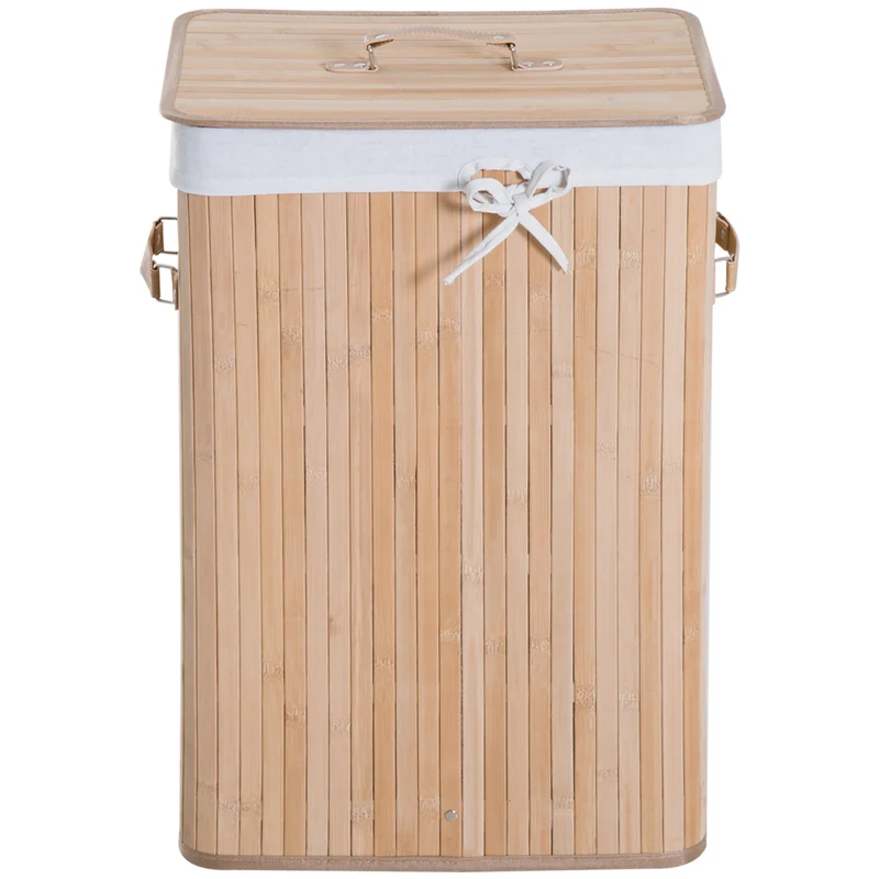 Panier à linge pliable buanderie 40 x 30 x 60 cm sac amovible intérieur lavable 2 poignées style cosy en bambou beige 21_0005777