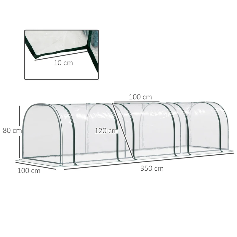Mini serre tunnel jardin 350 x 100 x 80 cm protection froid pluie 3 portes enroulables style contemporain en PVC vert 21_0004107
