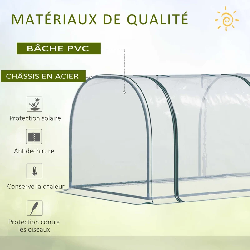 Mini serre tunnel jardin 350 x 100 x 80 cm protection froid pluie 3 portes enroulables style contemporain en PVC vert 21_0004107