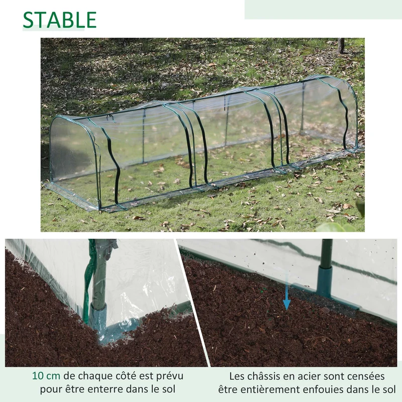 Mini serre tunnel jardin 350 x 100 x 80 cm protection froid pluie 3 portes enroulables style contemporain en PVC vert 21_0004107