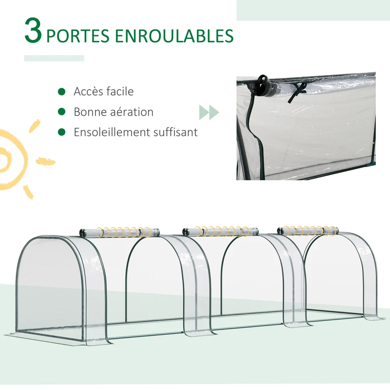 Mini serre tunnel jardin 350 x 100 x 80 cm protection froid pluie 3 portes enroulables style contemporain en PVC vert 21_0004107
