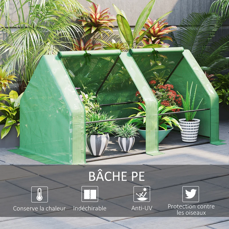 Mini serre tunnel jardin 180 x 90 x 90 cm protège plantes anti-uv fenêtres zippées contemporain en polyéthylène vert 21_0004081