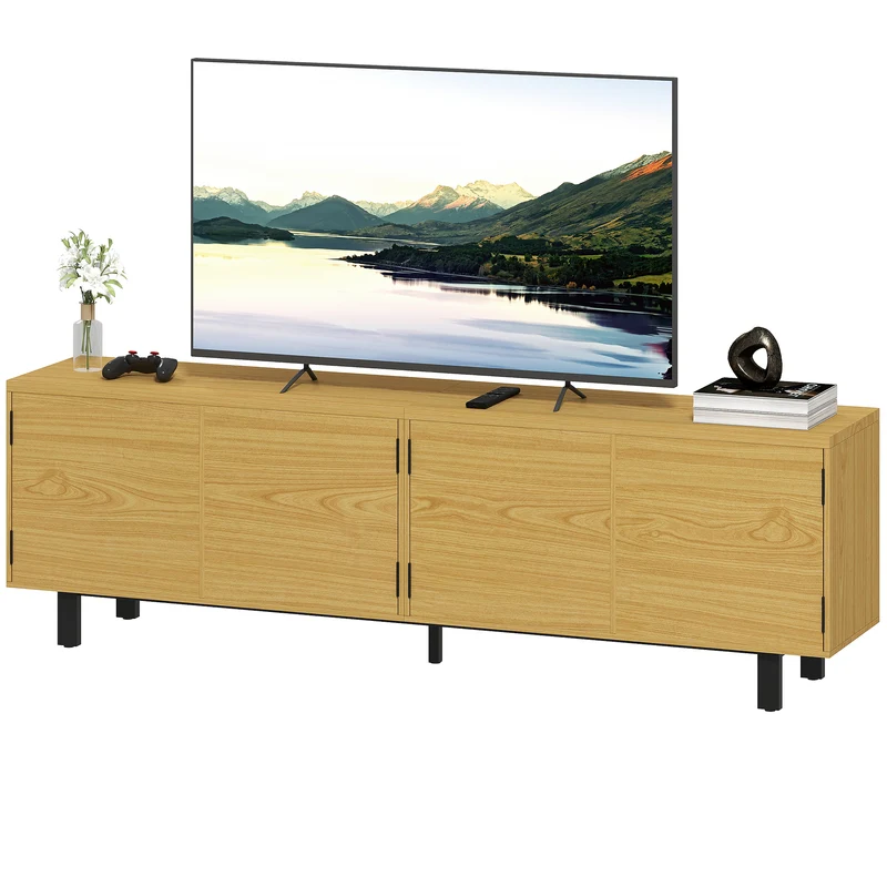 Meuble télé 180 x 35 x 55.5 cm 4 portes à pression pieds réglables moderne épuré en panneau de particules bois naturel 21_0003627
