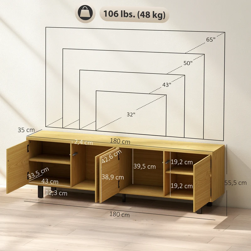 Meuble télé 180 x 35 x 55.5 cm 4 portes à pression pieds réglables moderne épuré en panneau de particules bois naturel 21_0003627