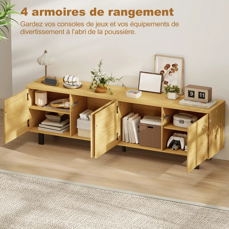 Meuble télé 180 x 35 x 55.5 cm 4 portes à pression pieds réglables moderne épuré en panneau de particules bois naturel 21_0003627