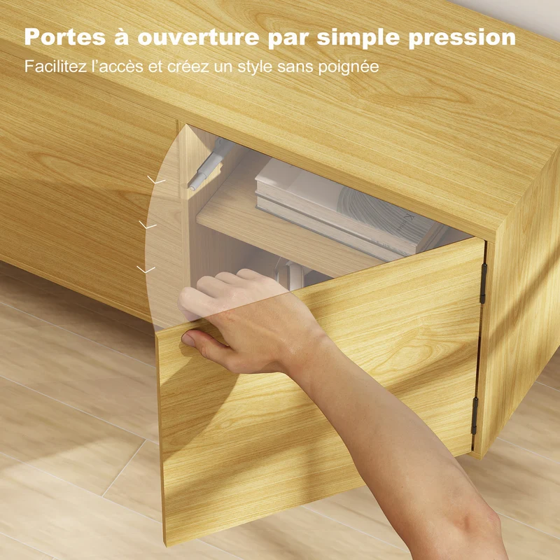 Meuble télé 180 x 35 x 55.5 cm 4 portes à pression pieds réglables moderne épuré en panneau de particules bois naturel 21_0003627