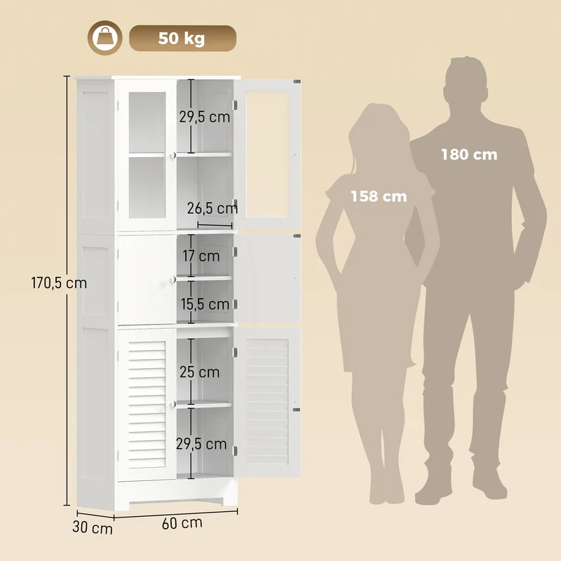 Meuble haut de salle de bain colonne 60 x 30 x 170,5 cm étagère réglable rangement style moderne épuré en MDF blanc 21_0002017