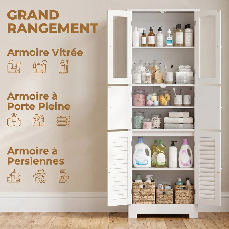 Meuble haut de salle de bain colonne 60 x 30 x 170,5 cm étagère réglable rangement style moderne épuré en MDF blanc 21_0002017