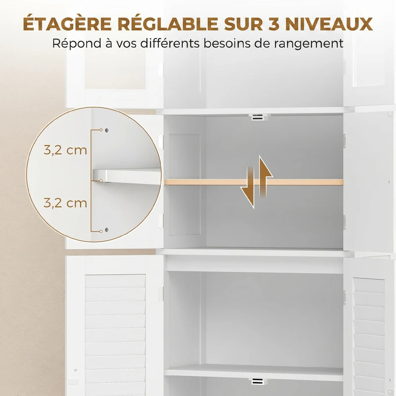 Meuble haut de salle de bain colonne 60 x 30 x 170,5 cm étagère réglable rangement style moderne épuré en MDF blanc 21_0002017