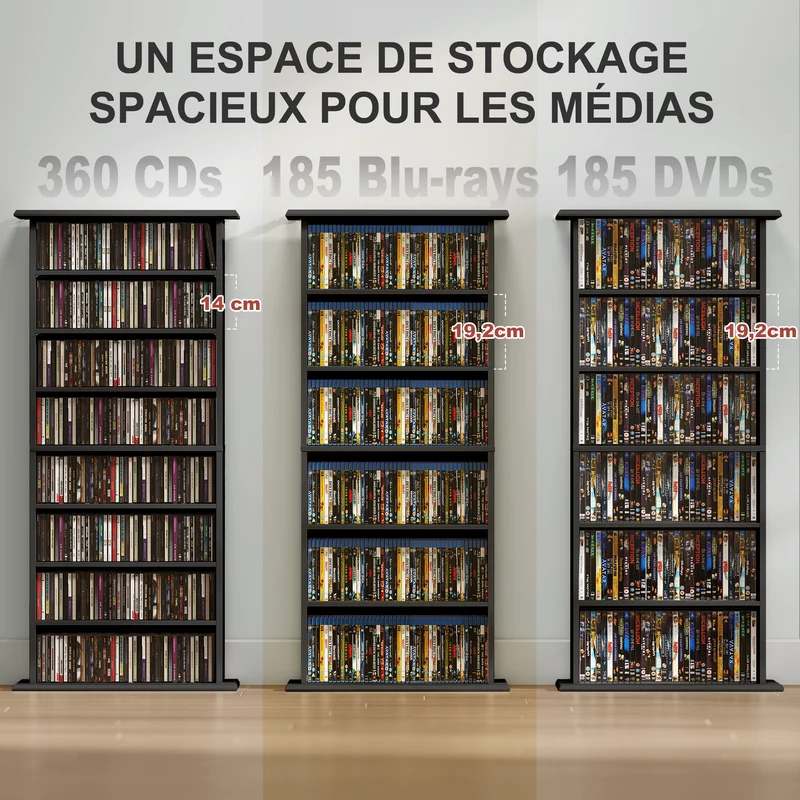 Meuble de rangement cd et dvd peu profond 58 x 24 x 126.3 cm anti basculement contemporain en panneau de particules noir 21_0002518