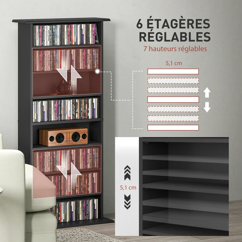 Meuble de rangement cd et dvd peu profond 58 x 24 x 126.3 cm anti basculement contemporain en panneau de particules noir 21_0002518