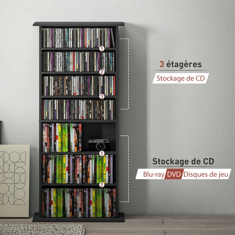 Meuble de rangement cd et dvd peu profond 58 x 24 x 126.3 cm anti basculement contemporain en panneau de particules noir 21_0002518