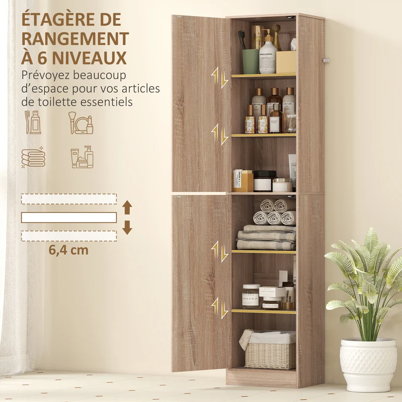 Meuble colonne de salle de bain rangement 40 x 35 x 180 cm gain de place étagères réglables épuré en MDF bois naturel 21_0002524
