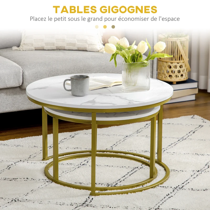 Lot de 2 tables gigognes encastrables 74 x 46.3 cm et 59 x 38.5 cm gain de place pratiques moderne design en MDF blanc 21_0003088