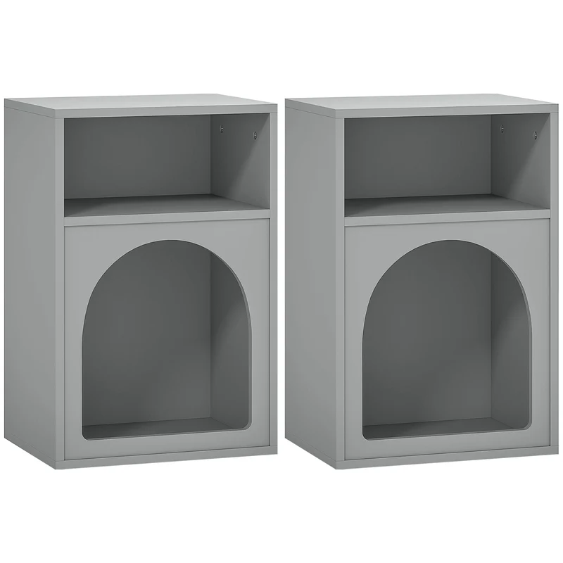 Lot de 2 tables de chevet design arqué 40 x 30 x 60 cm 2 compartiments ouverts gain de place moderne épuré en MDF gris 21_0003739