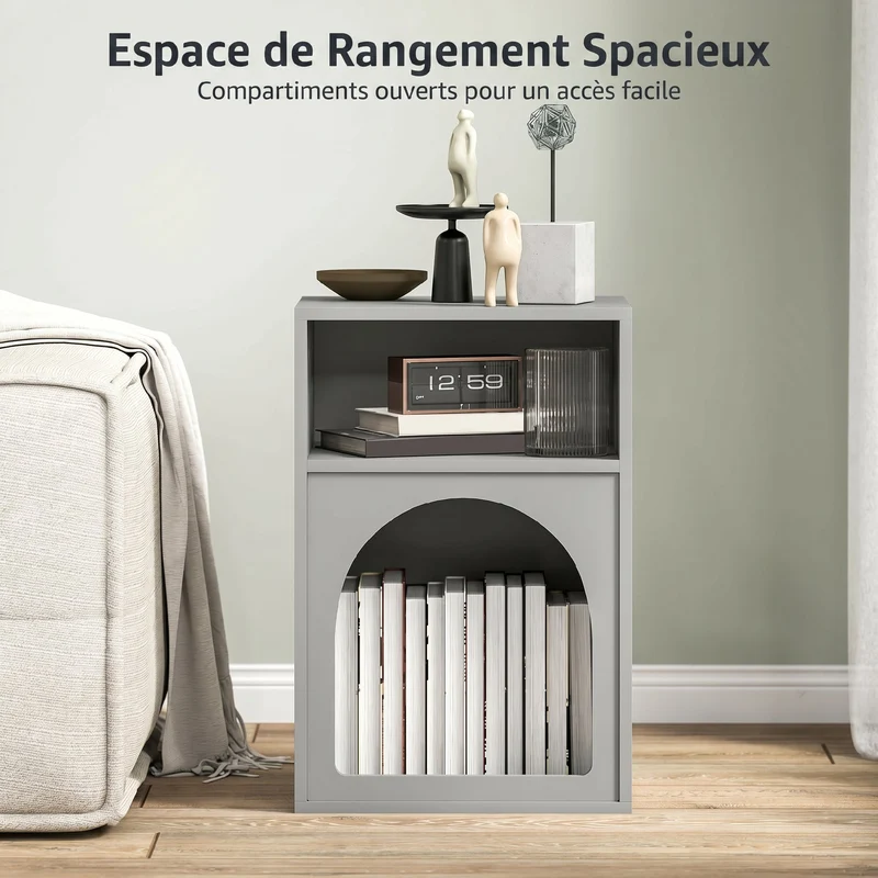 Lot de 2 tables de chevet design arqué 40 x 30 x 60 cm 2 compartiments ouverts gain de place moderne épuré en MDF gris 21_0003739