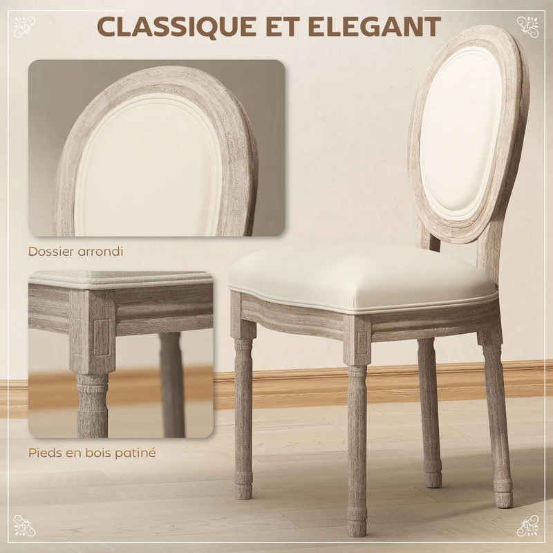 Lot de 2 chaises médaillon salle à manger 49 x 56 x 96 cm dossier ergonomique assise mousse classique en tissu beige 21_0002252