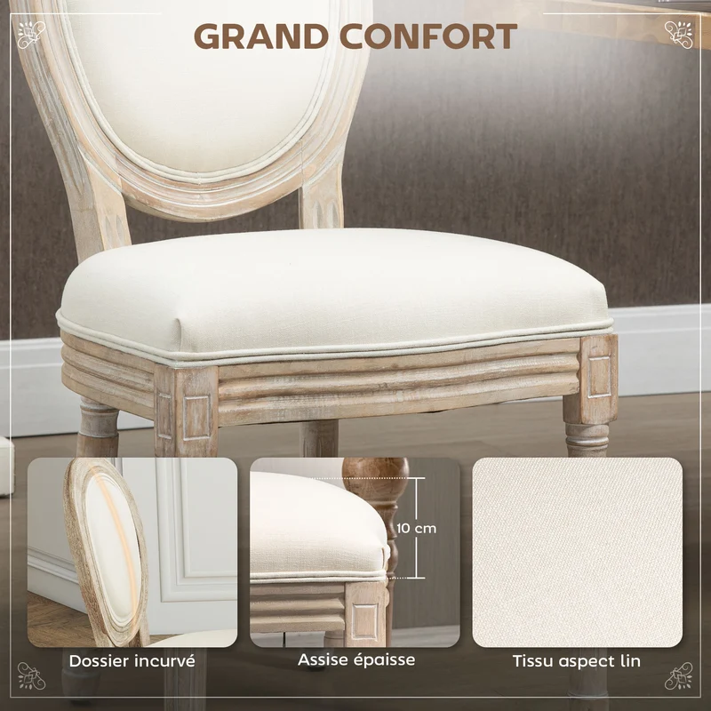 Lot de 2 chaises médaillon salle à manger 49 x 56 x 96 cm dossier ergonomique assise mousse classique en tissu beige 21_0002252