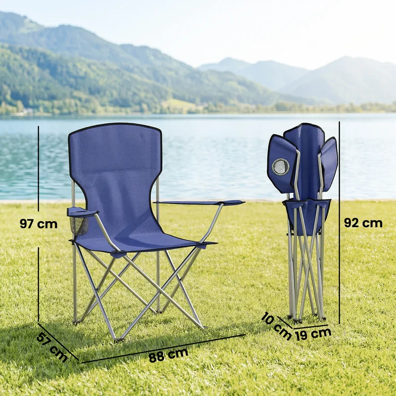 Lot de 2 chaises camping pliantes dossier haut 88 x 57 x 97 cm assise large avec sac tendance en tissu oxford bleu foncé 21_0006576