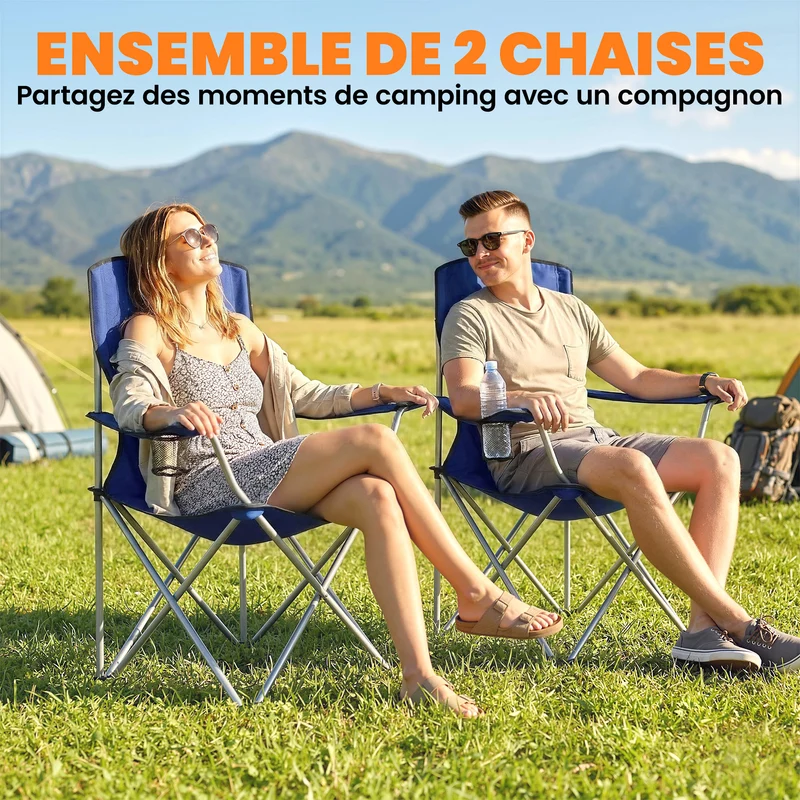 Lot de 2 chaises camping pliantes dossier haut 88 x 57 x 97 cm assise large avec sac tendance en tissu oxford bleu foncé 21_0006576