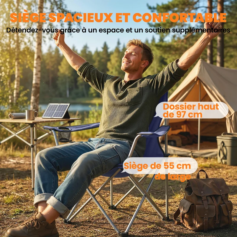 Lot de 2 chaises camping pliantes dossier haut 88 x 57 x 97 cm assise large avec sac tendance en tissu oxford bleu foncé 21_0006576