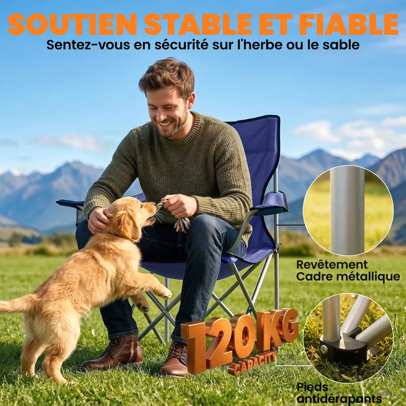 Lot de 2 chaises camping pliantes dossier haut 88 x 57 x 97 cm assise large avec sac tendance en tissu oxford bleu foncé 21_0006576