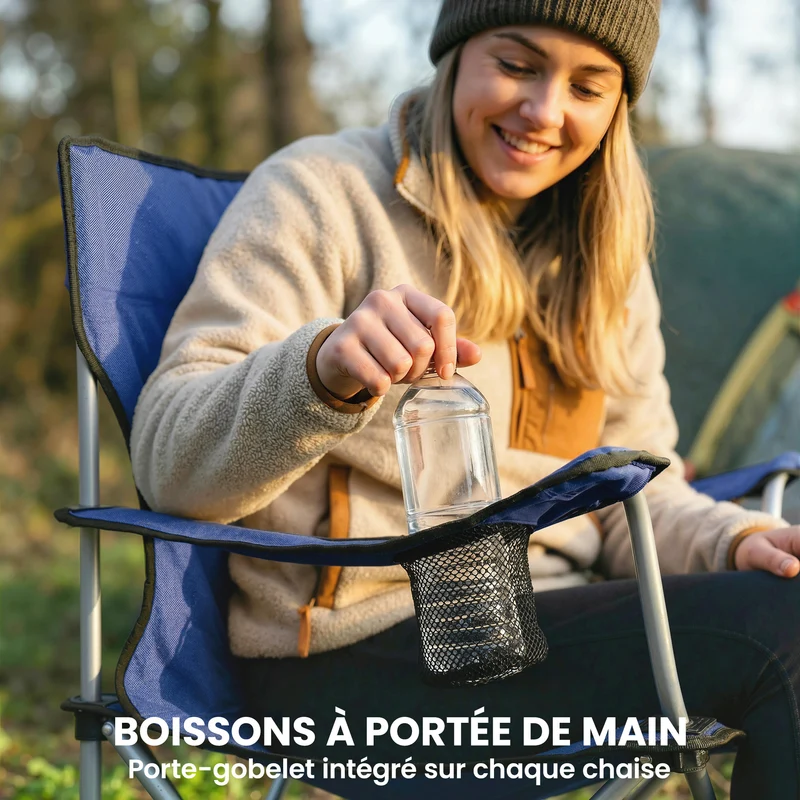 Lot de 2 chaises camping pliantes dossier haut 88 x 57 x 97 cm assise large avec sac tendance en tissu oxford bleu foncé 21_0006576