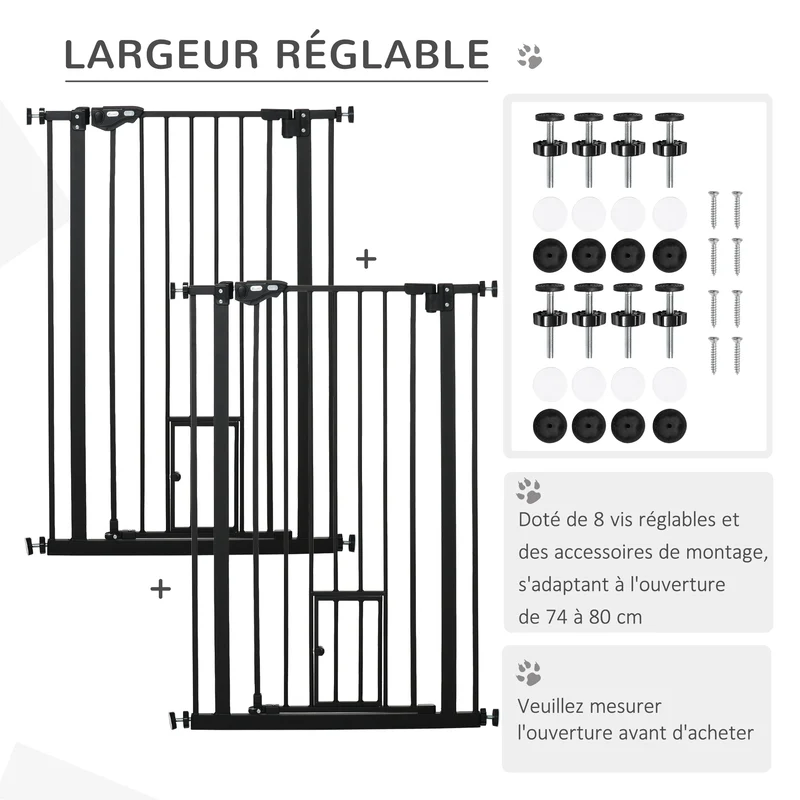Lot de 2 barrières sécurité animaux 74 x 104 x 68 cm réglables double verrouillage extra haut design salon en acier noir 21_0007500
