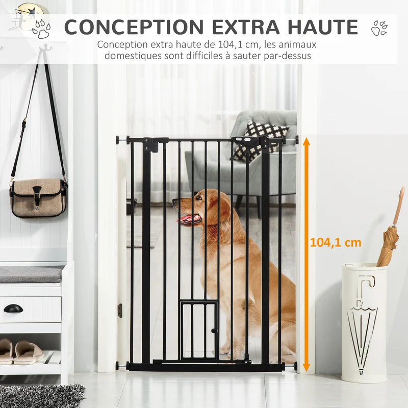 Lot de 2 barrières sécurité animaux 74 x 104 x 68 cm réglables double verrouillage extra haut design salon en acier noir 21_0007500